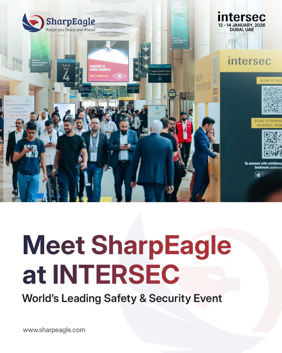 sharpeagletv's tweet image. Meet SharpEagle at Intersec Dubai and discover advanced safety, surveillance, and industrial protection solutions.

📍 Dubai World Trade Centre
Let’s connect. Let’s innovate. 
Contact: sales@sharpeagle.uk

#SharpEagle #Intersec2026 #IntersecDubai #SafetySolutions