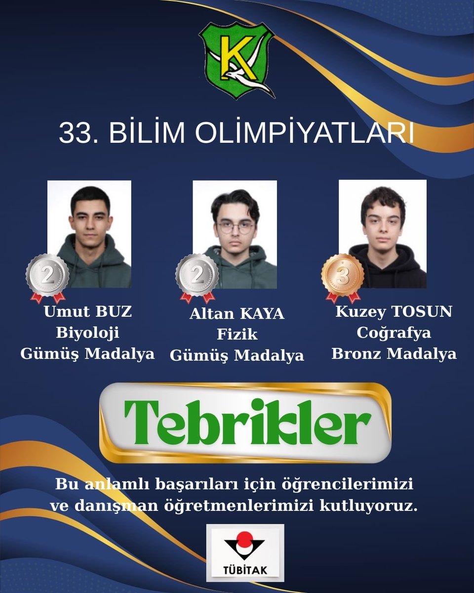 🔬 33. Bilim Olimpiyatları’nda Gurur Tablosu!

🥈 Umut Buz (Biyoloji)
🥈 Altan Kaya (Fizik)
🥉 Kuzey Tosun (Coğrafya)

Öğrencilerimizi ve danışman öğretmenlerimizi yürekten kutluyoruz. 👏
#TÜBİTAK #BilimOlimpiyatları #OkulGururu #BilimleGelecek