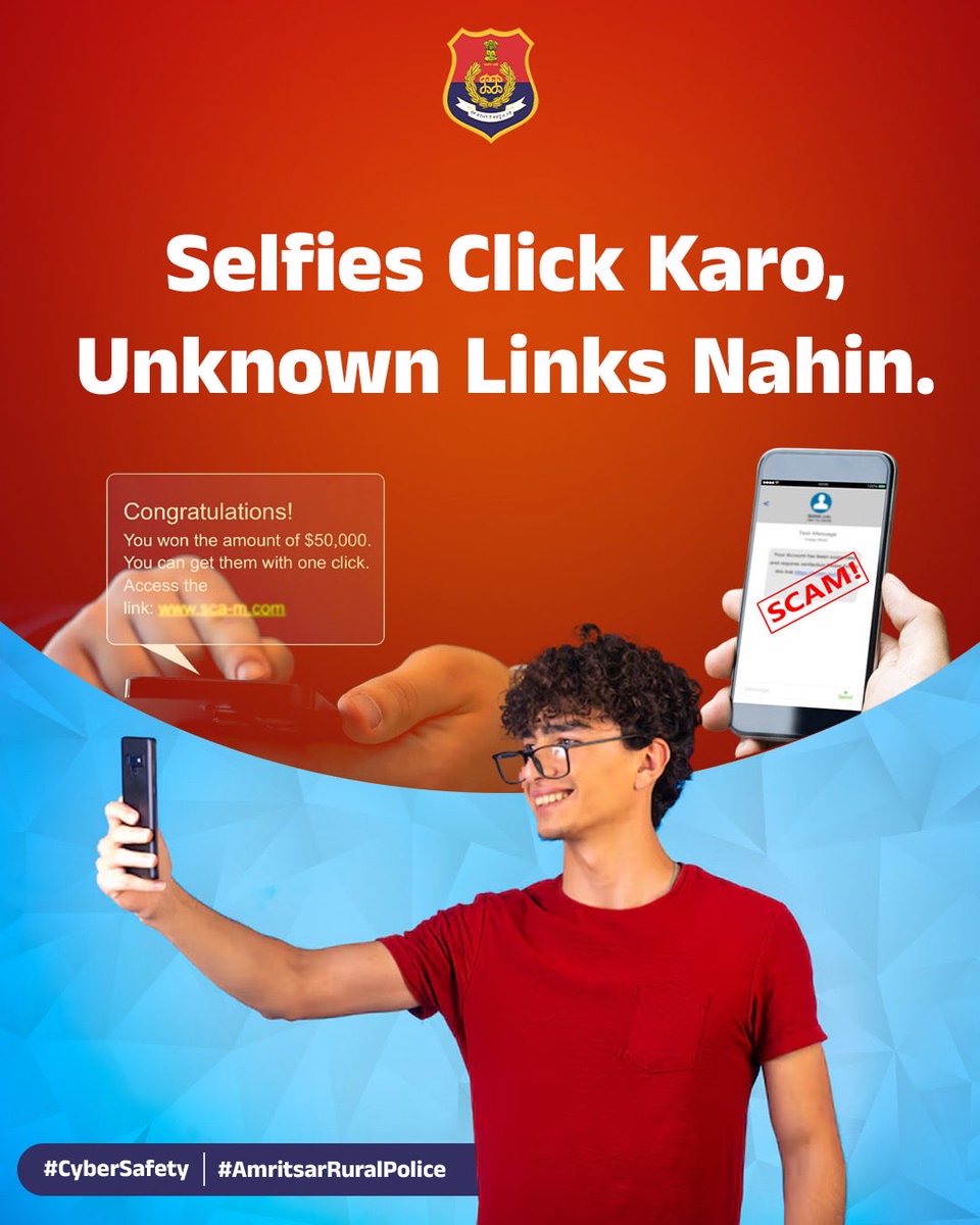 AmritsarRPolice's tweet photo. Click selfies, not suspicious links! 📸🚫
Cyber criminals often trap people through fake and unknown links —(1/2)
#AmritsarRuralPolice #CyberSafety #StayAlert #StopCyberCrime #ThinkBeforeYouClick #ReportCyberFraud https://t.co/xse6gHIo9K