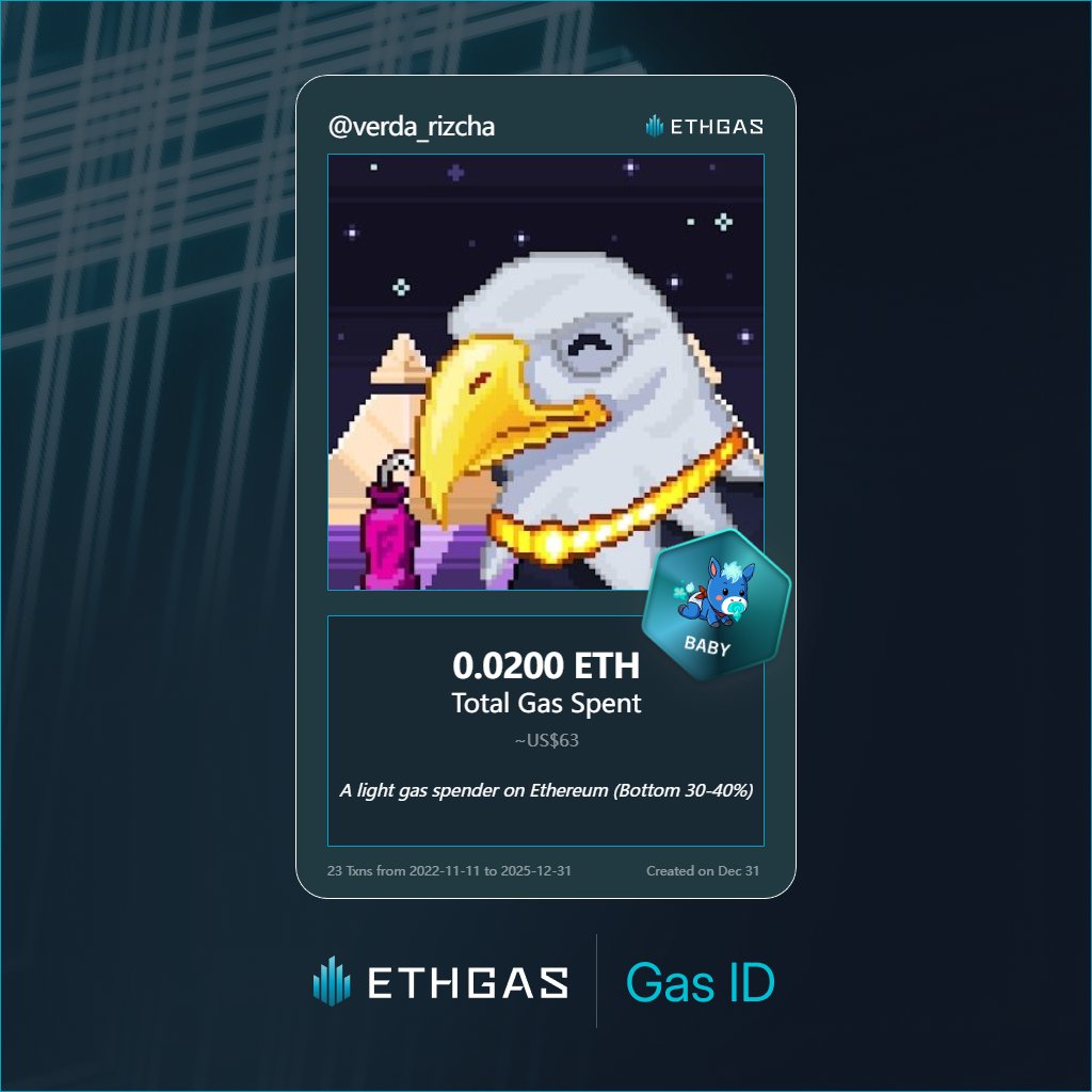 verda_rizcha's tweet photo. Discovered my Gas ID via ETHGas - turning my gas spend into rewards 🫘

As a Baby Jack, I've spent 0.02 ETH on gas but earned 4 Beans back.

Get your Gas ID and Beans here: https://t.co/Qggt1jJLYn https://t.co/JzEMj6dwoB