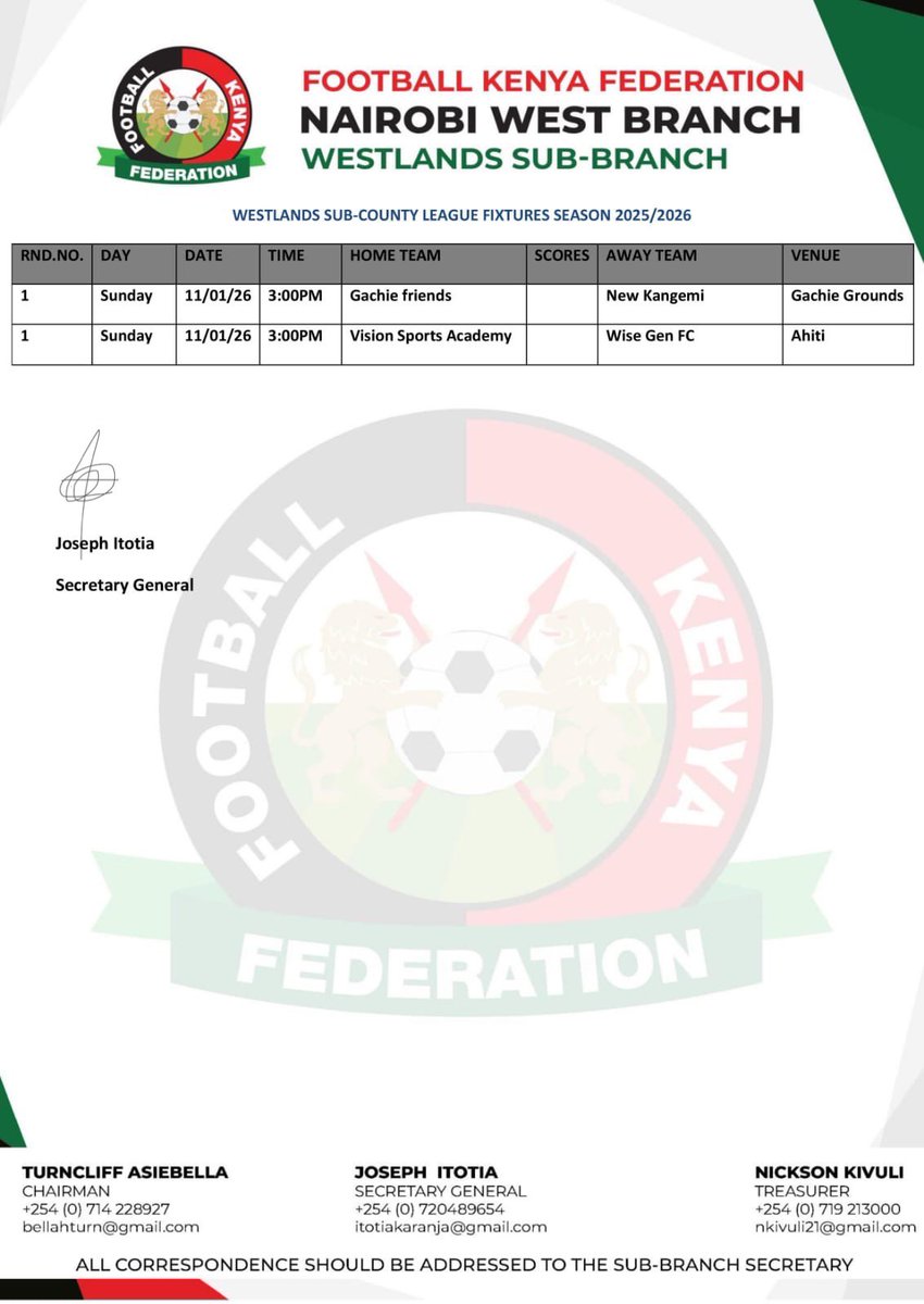 WESTLANDS SUB COUNTY LEAGUE WILL START THIS WEEKEND SEE FIXTURE BELOW 👇