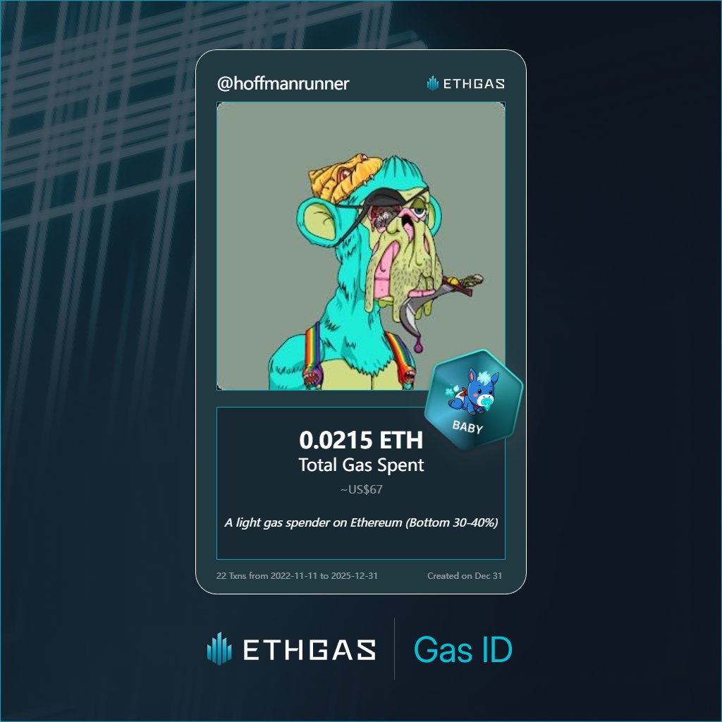 Discovered my Gas ID via ETHGas - turning my gas spend into rewards 🫘

As a Baby Jack, I've spent 0.0215 ETH on gas but earned 4 Beans back.

Get your Gas ID and Beans here: ethgas.com/community/gas-…