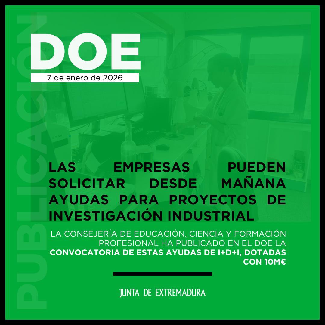 ¡Abierta convocatoria de ayudas I+D+i para empresas extremeñas de <a href="/educacionEXT/">Educación, Ciencia y Formación Profesional</a> (<a href="/Junta_Ex/">Junta de Extremadura</a>)!

Las empresas de Extremadura ya pueden solicitar las ayudas para proyectos de Investigación Industrial y Desarrollo Experimental, dotadas con 10 millones de euros.

En <a href="/FundecytPCTEX/">FUNDECYT-PCTEX</a>