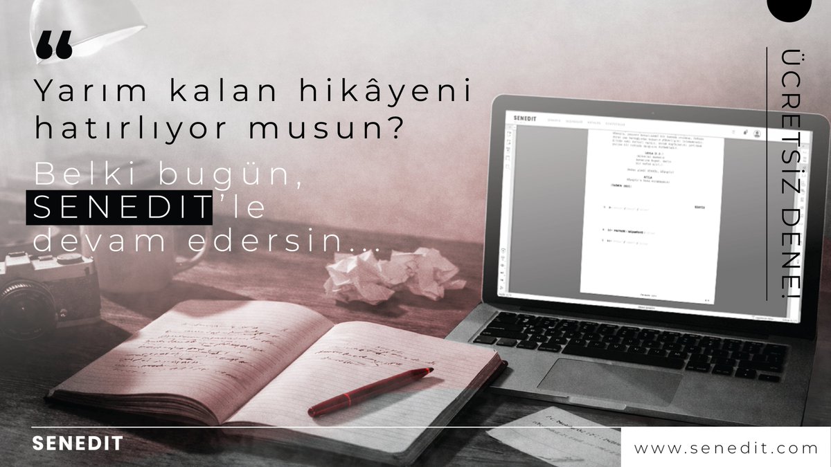 SenEDIT's tweet image. Belki bir fikir, belki tek bir sahne…
Bazen başlamak için sadece doğru alan gerekir.✨

SENEDIT, yazmaya güvenle başlaman ve hikâyeni adım adım büyütmen için burada.

Bugün ilk cümleyi atmak için güzel bir gün.💯

💻 Ücretsiz dene!