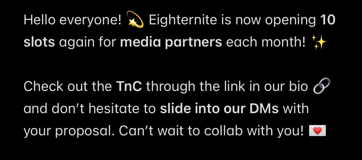 Eighternite's tweet image. ﹝ HELP REPOST — ANNOUNCEMENT ᵎᵎ ﹞

✨ ࣪ ˖ … 𝓣he night opens once more.
Eighternite is now open for 𝙈𝙚𝙙𝙞𝙖 𝙋𝙖𝙧𝙩𝙣𝙚𝙧𝙨 — limited slots available 🌙