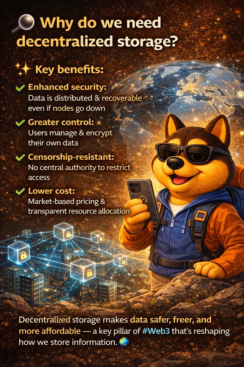 🔍 Why do we need decentralized storage? ✨ Key benefits: ✔️ Enhanced  security: Data is distributed & recoverable even if nodes go down ✔️  Greater control: Users manage & encrypt their own
