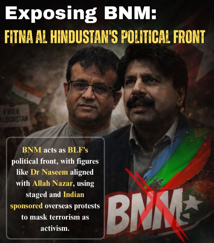 GulzaadBaloch's tweet image. Exposing BNM: The Political Mouthpiece of BLF
BNM functions as the political and propaganda front of the terrorist organization BLF, amplifying its narrative under the guise of activism.

#ExposeBNM
#StopPropaganda
#TruthOverTerror
#CounterNarrative
#NoToTerrorFronts