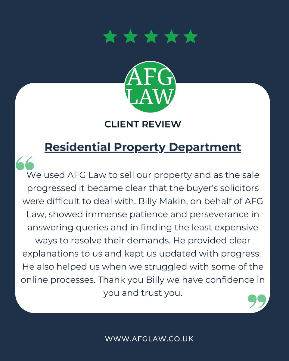 AFGLAW's tweet photo. One of our most recent reviews is from a client of Billy Makin in our Residential Property team!  Client care and satisfaction is at the core of everything we do, so it's wonderful to receive reviews like these from our valued clients.
#afglaw
8w https://t.co/tx9p2PNmt1