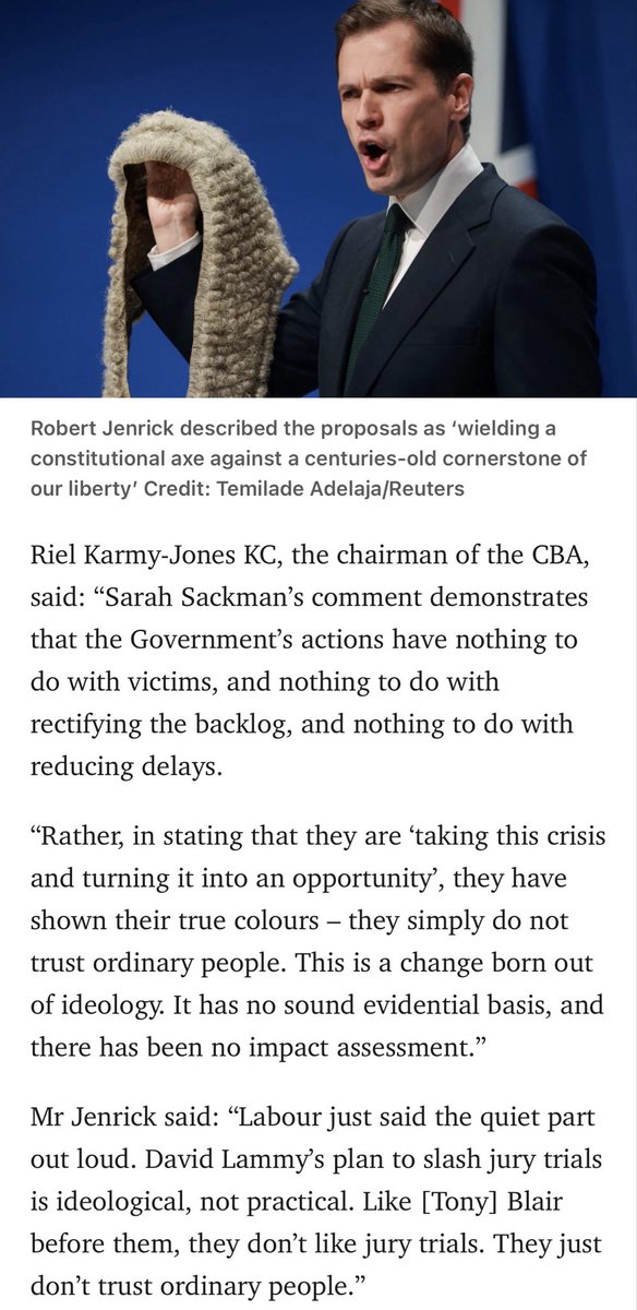 TheCriminalBar's tweet image. Labour would have curbed jury trials ‘even without courts backlog’. @Telegraph reports 

“The Criminal Bar Association and @RobertJenrick, the shadow justice secretary, said the comments suggest @UKLabour Party does not trust juries.

“Riel Karmy-Jones KC, the chairman of the…
