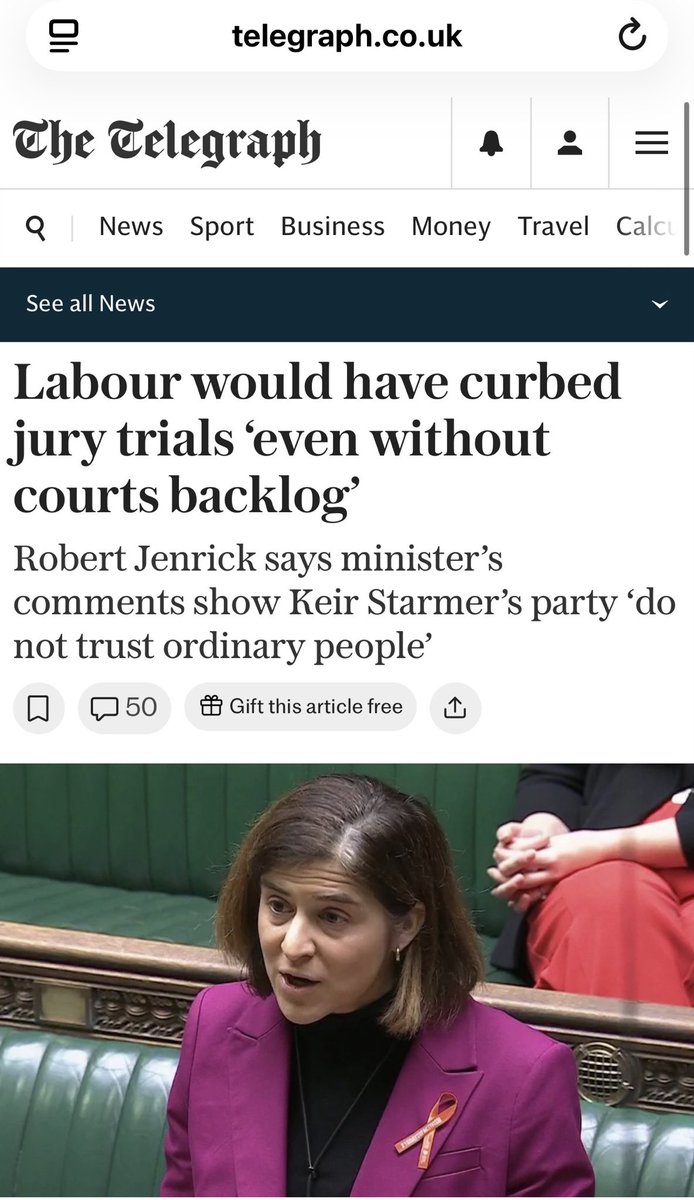 TheCriminalBar's tweet image. Labour would have curbed jury trials ‘even without courts backlog’. @Telegraph reports 

“The Criminal Bar Association and @RobertJenrick, the shadow justice secretary, said the comments suggest @UKLabour Party does not trust juries.

“Riel Karmy-Jones KC, the chairman of the…