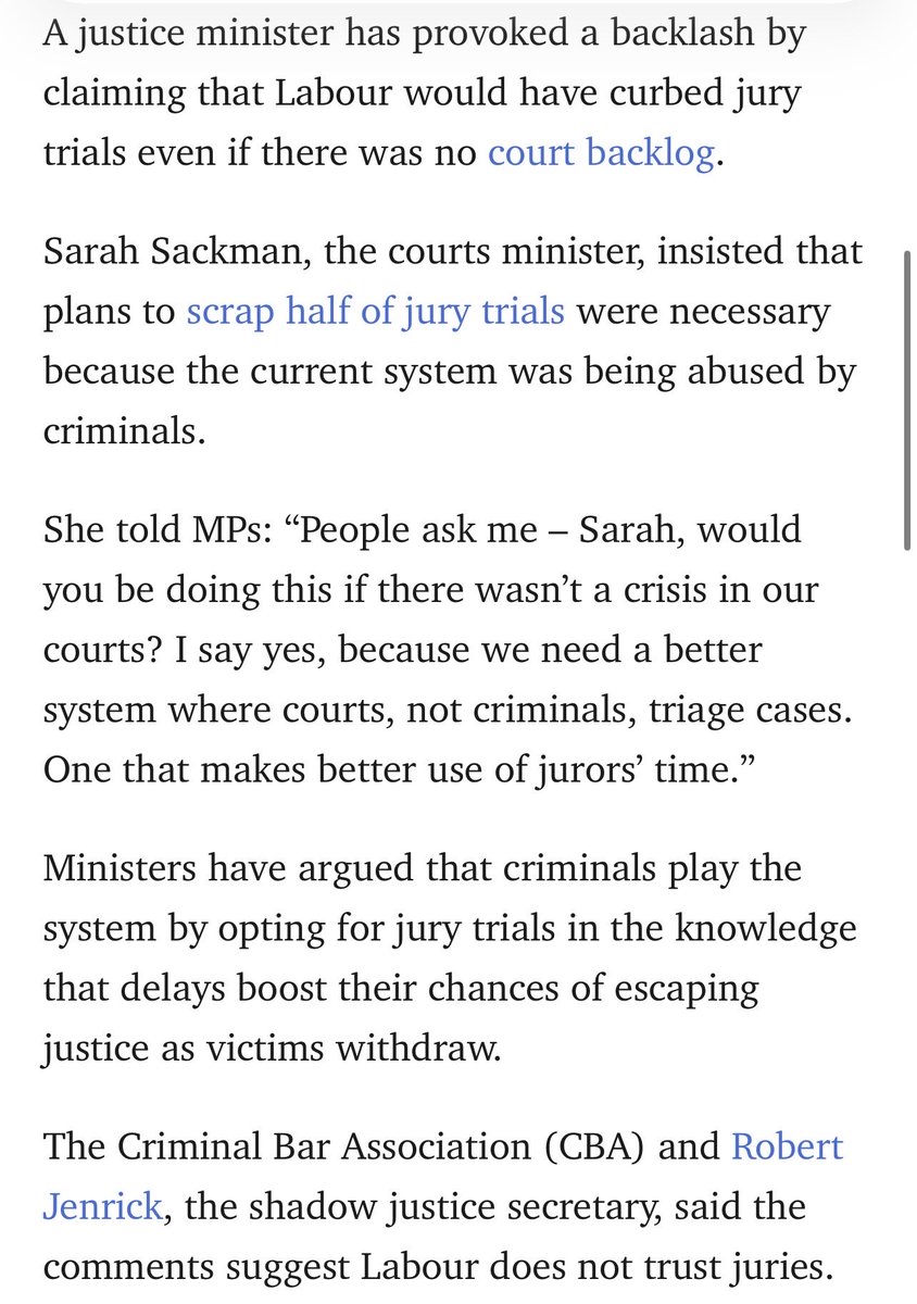 TheCriminalBar's tweet image. Labour would have curbed jury trials ‘even without courts backlog’. @Telegraph reports 

“The Criminal Bar Association and @RobertJenrick, the shadow justice secretary, said the comments suggest @UKLabour Party does not trust juries.

“Riel Karmy-Jones KC, the chairman of the…