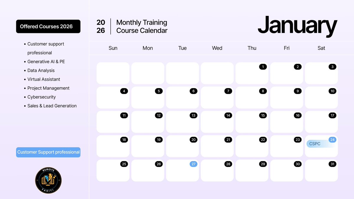 RemoteFasitiAi's tweet photo. January Course Calendar 📆

Customer Support Profssional Course Alert! 🤩

Onboarding: 24th January 2026
Class Starts: 27th January 2026

Ready to level up your customer support skills? 😊 Visit https://t.co/DVDRU1Giyy for more info or WhatsApp +2347033694006

#CustomerSupport# https://t.co/Oc8LTnAgv8