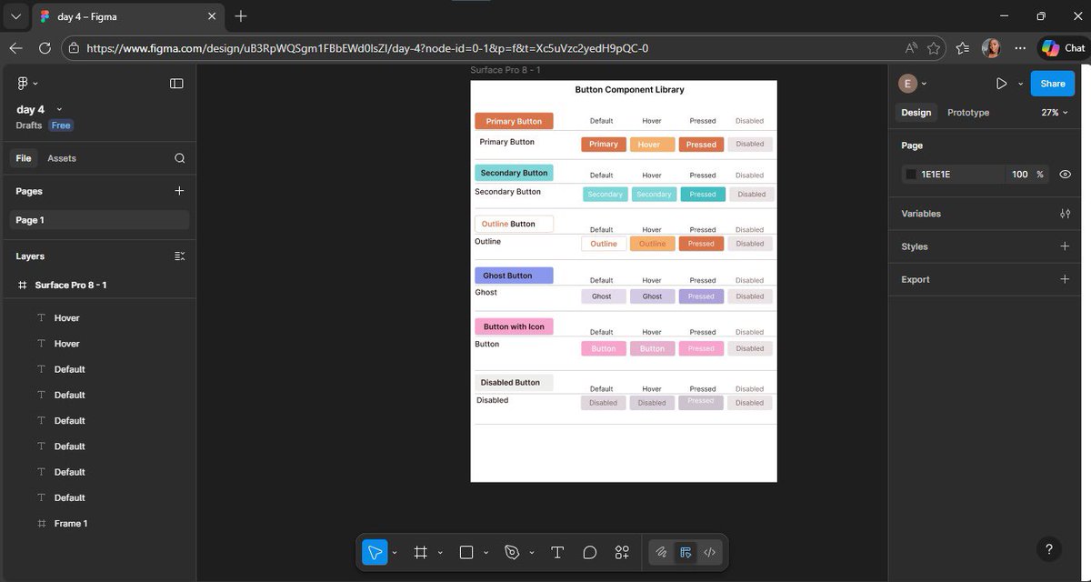ntukemediong18's tweet photo. Day 4 of my 30 Days UI Design Challenge 🎯
Today’s task was all about button components designing primary, secondary, outline, ghost, icon, and disabled buttons while considering hover and pressed states
On to Day 5 🚀
#finnmannychallenge #UIDesign #UIComponents #DesignChalleng https://t.co/o58NjEcZvv