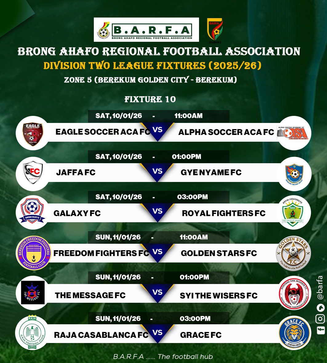 barfagfa's tweet photo. Brong Ahafo Regional Football Association

Division II Fixtures for upcoming matches for 2025/2026 football season 

#Barfa #BringBacktheLove https://t.co/je7UbxADWl