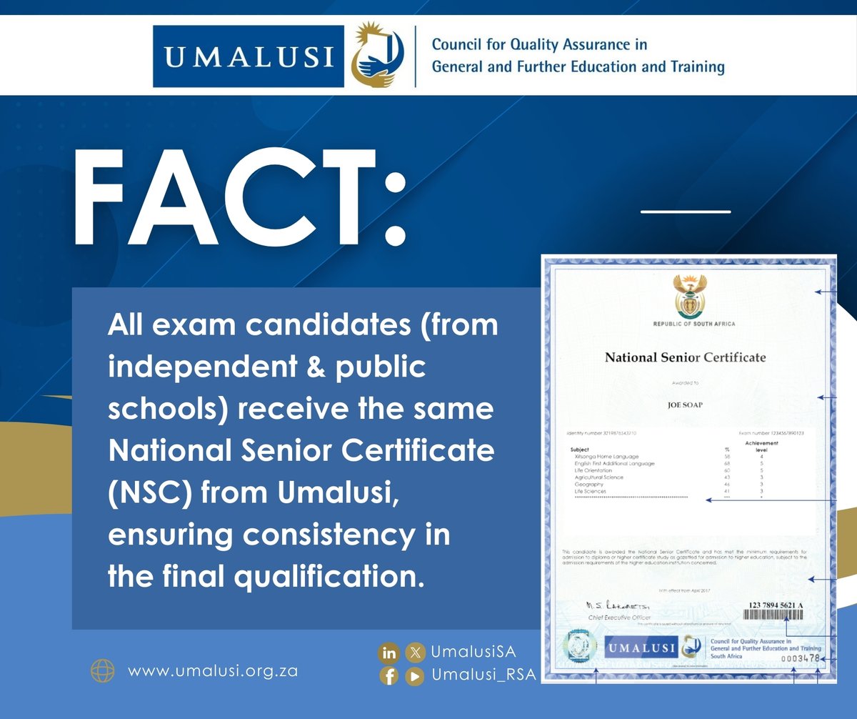 FACT: There is only ONE 'matric' qualification in SA - the National Senior Certificate (NSC).

While Grade 12 learners might sit for exams through different assessment bodies (IEB, DBE, or SACAI), the Grade 12 certificate is always issued by Umalusi.

Same qualification, same