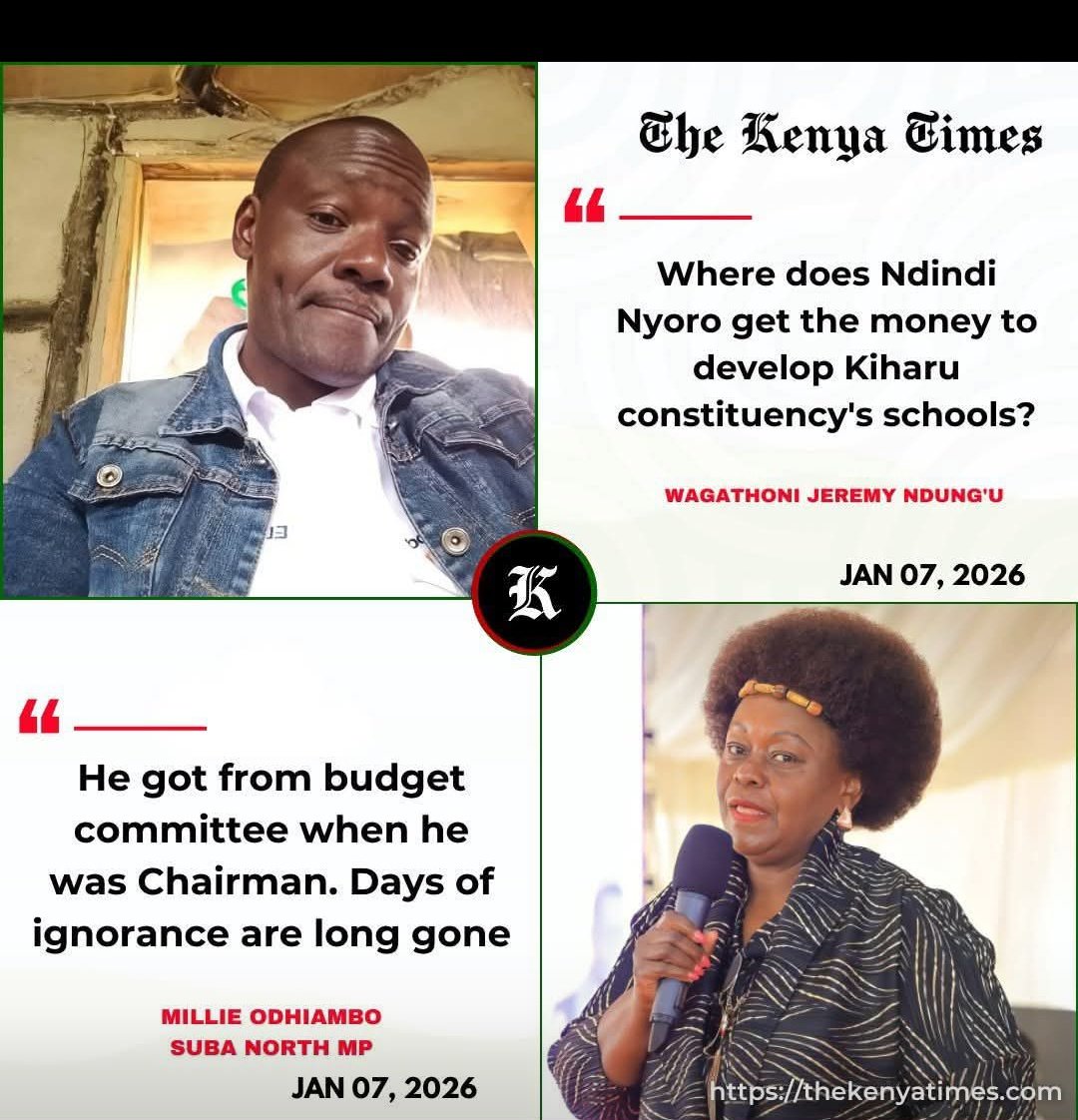Kimani Ichungwa and Millie Odhiambo  are asking where Ndindi Nyoro gets money for his projects 

It's our taxes, fools!

Ok, if he stole money when he chaired budget commitee, isn't he returning it to wananchi?

Ichungwa uses CDF to hide his family in South Africa, Baren shosh