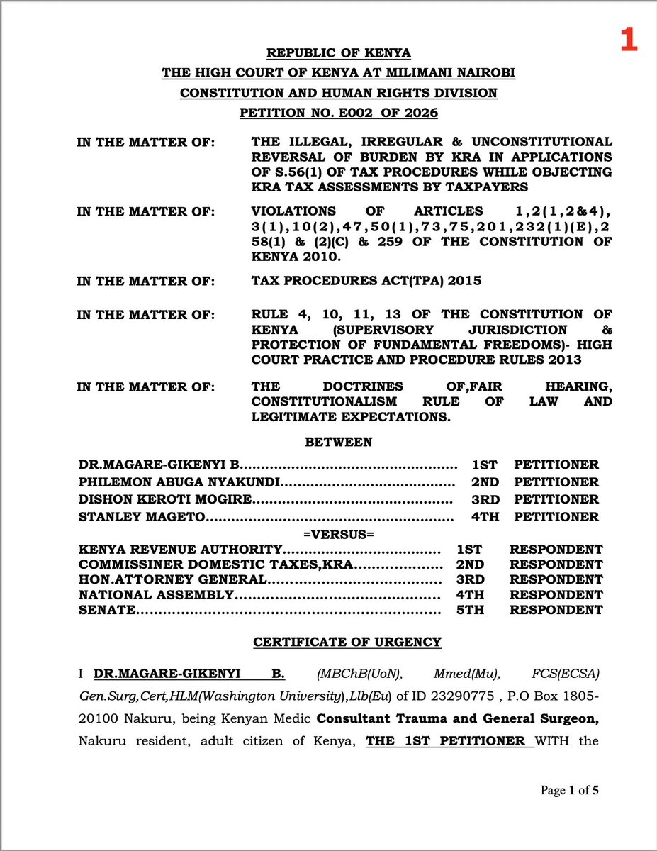 AmbokoJH's tweet image. There's a very interesting petition before the High Court.

Dr. Magare Gikenyi is challenging Sec56(1) of the Tax Procedures Act &amp;amp; the fact that by law, the burden of proof is placed on the taxpayer.

In essence, Dr. Gikenyi is challenging the fact that KRA assessments are…