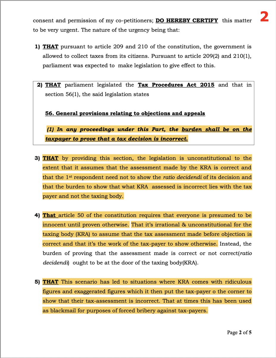 AmbokoJH's tweet image. There's a very interesting petition before the High Court.

Dr. Magare Gikenyi is challenging Sec56(1) of the Tax Procedures Act &amp;amp; the fact that by law, the burden of proof is placed on the taxpayer.

In essence, Dr. Gikenyi is challenging the fact that KRA assessments are…