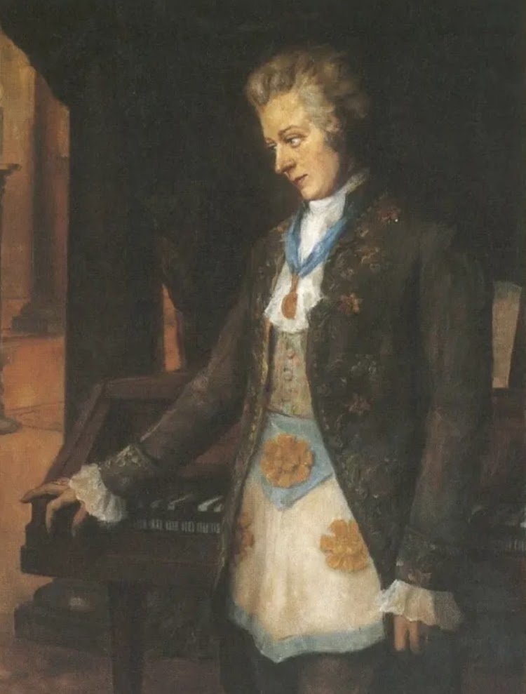 thecraftbloke's tweet photo. Mozart in his Master Mason regalia. Per my research, this late XIX century portrait from a private collection is the only known image of him dressed as a #Freemason. Pic 2 shows his lodge in Vienna, yet there's no consensus on whether he's depicted in it or not (yellow arrow). https://t.co/Z6GjuRD3tM