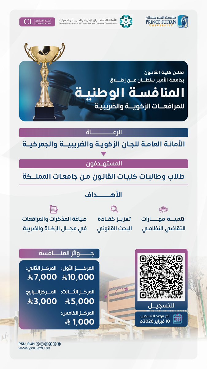 🚨 فرصتك للتميّز في التشريعات الزكوية والضريبية تبدأ الآن! 

تعلن كلية القانون في #جامعة_الأمير_سلطان عن إطلاق
🇸🇦 المنافسة الوطنية للمرافعات الزكوية والضريبية 🇸🇦
بالشراكة مع الأمانة العامة للجان الزكوية والضريبية والجمركية.
<a href="/_GSTC/">الأمانة العامة للجان الزكوية والضريبية والجمركية</a> 

⚖️ الفرصة مخصصة لطلاب وطالبات كليات القانون في
