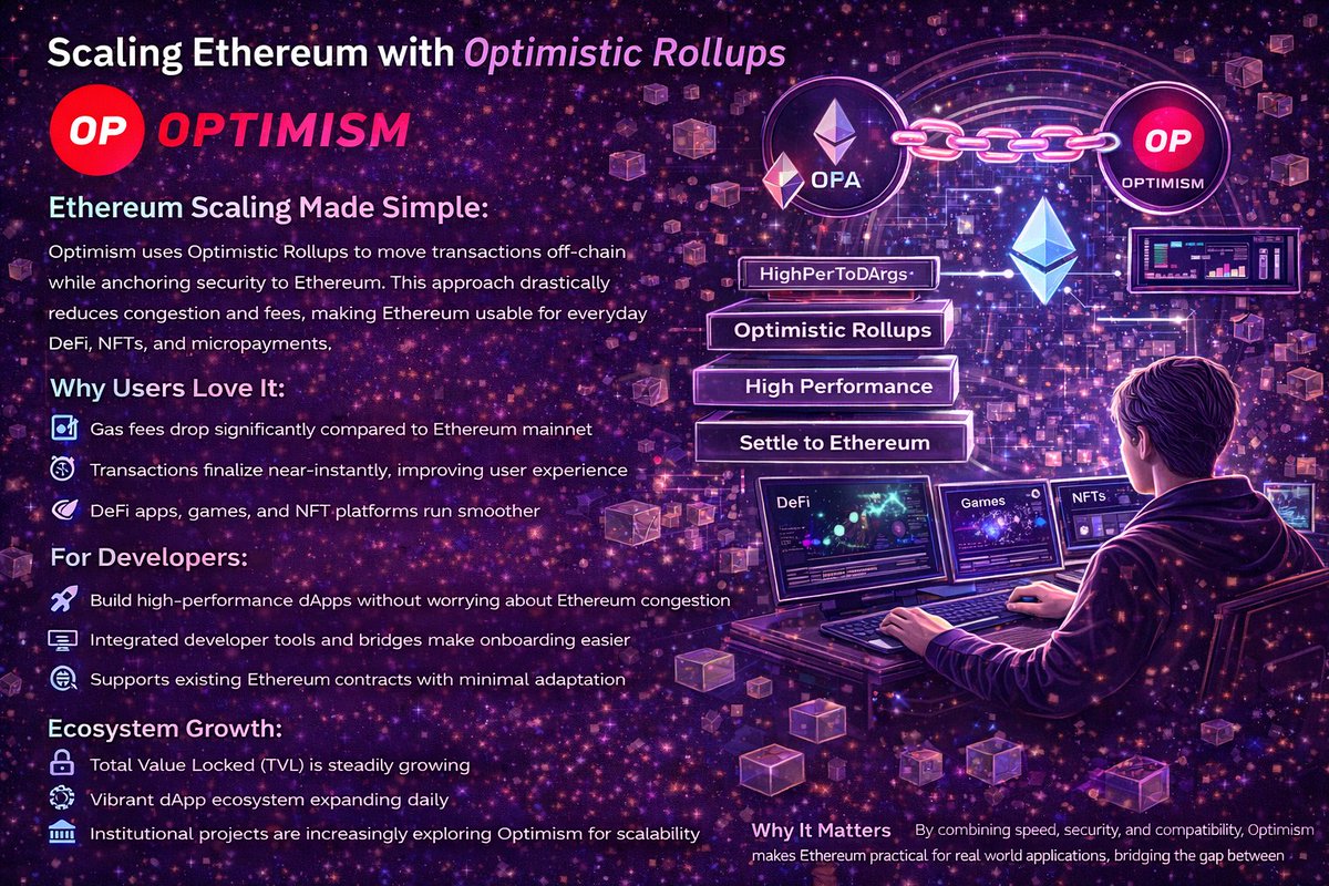 Scaling Ethereum with Optimistic Rollups Ethereum Scaling Made Simple:  Optimism uses Optimistic Rollups to move transactions off-chain while  anchoring security to Ethereum. This approach drastically reduces  congestion and fees, making Ethereum usable