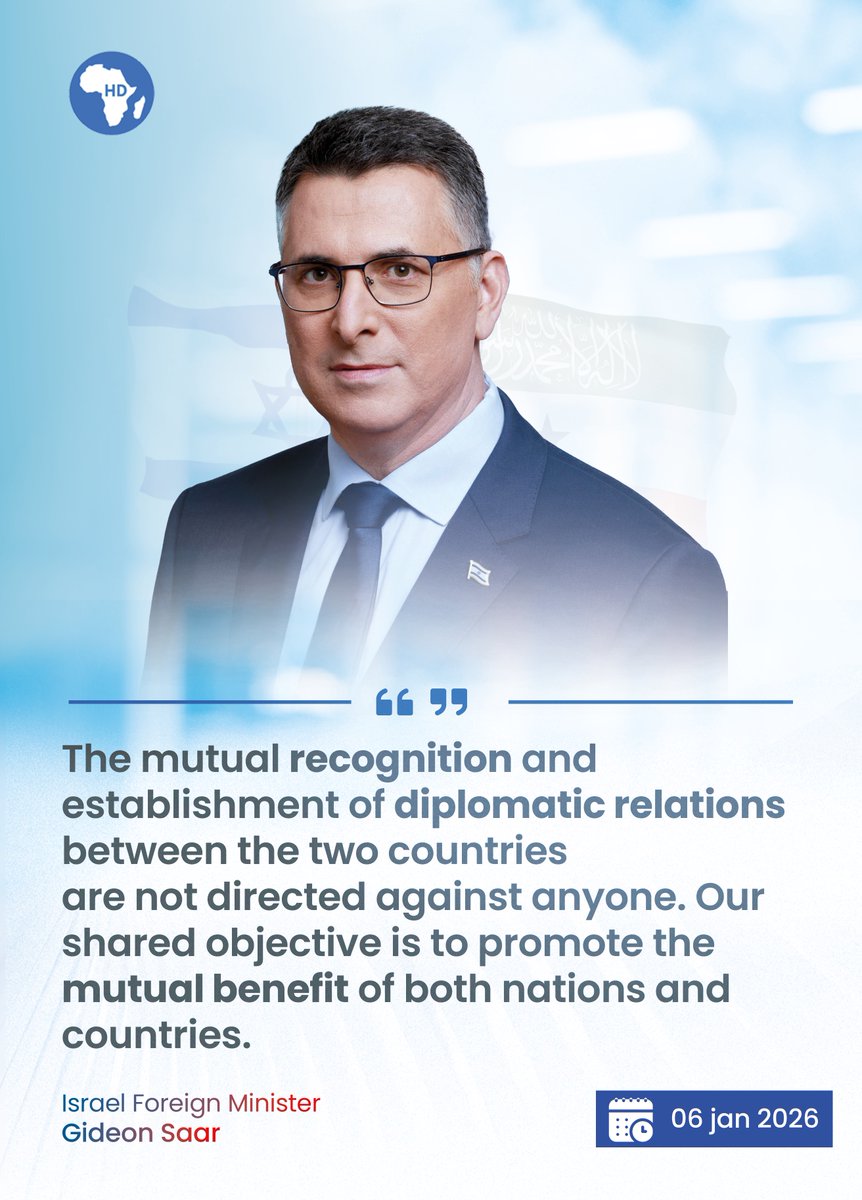 HornDiplomat's tweet photo. Israel–Somaliland Relations Built on Stability, Cooperation, and Mutual Benefit

“The mutual recognition and establishment of diplomatic relations between our two countries are not directed against anyone. Our shared objective is to promote the mutual benefit of both nations.” Israel’s Foreign Minister @gidonsaar 

#Israel #Somaliland