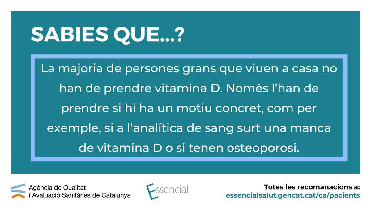 AQuAScat's tweet photo. 🔎 Recomanació #EssencialSalut: Si ets gran però vius a casa i no tens dèficit de #vitaminaD, prendre’n de forma rutinària no ha demostrat prevenir caigudes ni fractures.
💬 Consulta sempre amb el teu professional de salut abans de prendre suplements.
👉 https://t.co/G7u1S2seTY https://t.co/w4lkbw2XiG