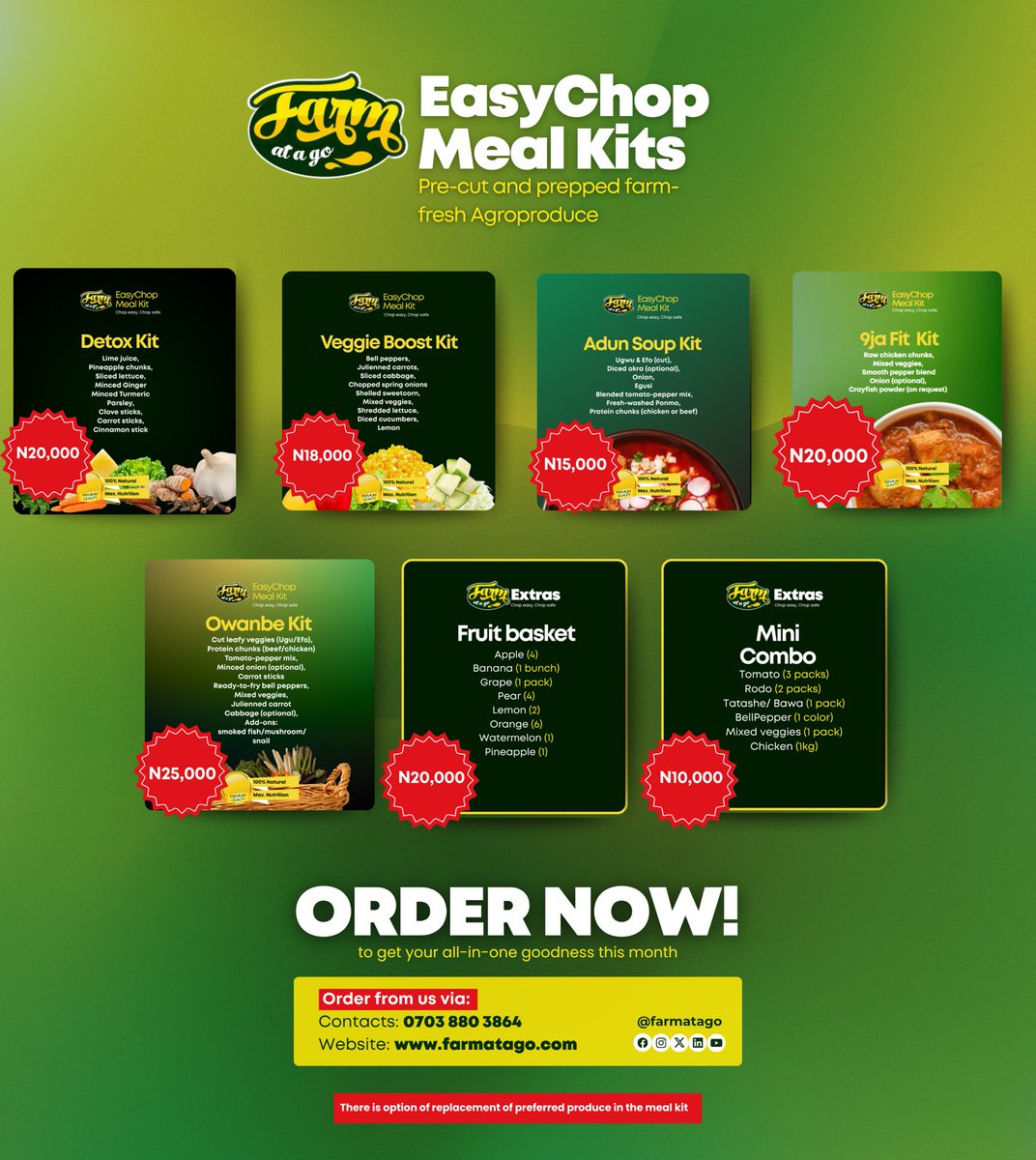 Because eating healthy shouldn’t be stressful 
Our Easy Chop Meal Kits come with everything you need — fresh veggies, proteins, and seasonings — all cleaned, chopped, and ready to cook

Perfect for busy days, quick dinners, and easy healthy meal prep 
📞 Order now: 0703 880 3864