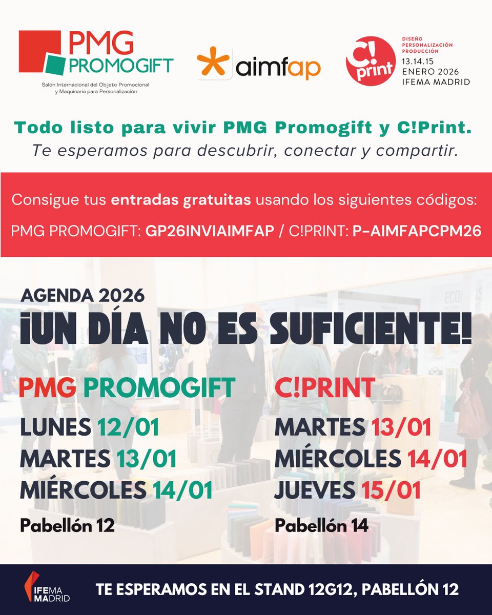 aimfap's tweet image. ✨ ¡La cuenta atrás ha comenzado!
La próxima semana abren sus puertas PMG Promogift y  C!Print 2026.

📍 PMG Promogift | 12–14 enero | Pab. 12
📍 C!Print | 13–15 enero | Pab. 14

⏳ Últimos días para registrarte.

PMG 👉 ifema.es/promogift/entr…
C!Print 👉 salon-cprint.es/es/acreditacio…