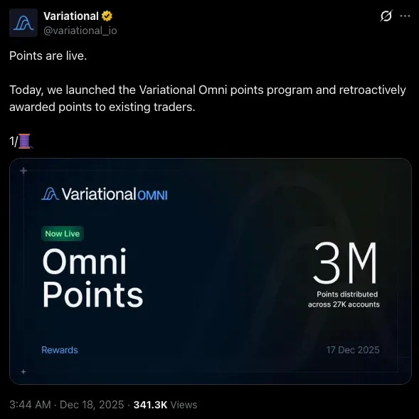 potato89757_3's tweet photo. 最近看到很多人都在刷 @variational_io ，现在有积分活动！

积分制度是从25年12月17日开始的，但是项目方在12月11日快照了早期参与者，并且已经给这部分参与者发出了300万积分。获得积分的方法有两个：

· 途径一：交易活跃度（Trading Activity）

这是最核心的来源。交易量越大，获得的“基础积分”就越多。
官方特别强调了「有机用户优先」。这意味着单纯的刷量bot可能会被算法识别并降权，而真实的、有策略的交易行为权重更高。

· 途径二：推荐奖励

你邀请的人交易挖到的积分，你会获得额外的提成。
比例： 每当你邀请的人获得 10 个积分，你会额外获得 1 个积分（相当于 10% 的一级返佣）。

其他奖励

· 等级维持（Tier Maintenance）： 积分不仅是数量，还可能挂钩 VIP 等级。保持活跃可以维持你的奖励等级（Tier），等级越高，未来获得的积分加成或交易手续费折扣（价差折扣）可能越大。

· 亏损退款（Loss Refunds）叠加： 虽然这是一个积分活动，但 Variational 之前的亏损退款机制依然有效。如果你为了刷积分而产生亏损，部分亏损（通常是 1-5%）会退还给你，这降低了刷积分的磨损成本。

积分将会在每周五 0:00 UTC（北京时间周五上午 8:00）发放，结算范围为上一周（截至周四 0:00 UTC）的平台活动。每周的积分发放活动最迟将于 2026 年第三季度末结束。

看了下 Variational 的 Dune 面板，在积分系统上线前，他们为了冷启动直接烧掉了 144万美元的真金白银。

💡关键点：

1️⃣ 还算早期： 至今只有 3,488 个地址申领过奖励，甚至还没有大规模女巫进场。 

2️⃣ 顶级财力： 人均派发 $414 现金，Top 1 地址拿走 $13W+。这必须是顶级 VC 才有的手笔。

既然愿意花 $400 买一个早期用户，那现在的“积分系统”含金量会不会也超预期？目前有 7.9 万个地址注册，但真正活跃的只有 2.3 万人。而领过早期现金奖励的更是只有 3000 多人。这说明了在这个 0 手续费的交易所里，真正的早期核心用户群体依然非常小，现在埋伏进去，应该还算早吧？

看到了这位老师已经总结出了刷分策略：
https://t.co/hE427x8o21

看了之后总结出了这个分数并不是那么好拿，BTC/ETH的积分产出低，可以找那些OI还没满的币种，然后开单拿久一点，最好是吃资金费率。记得设置SL和TP来证明自己是真人而不是机器。 

1/5
