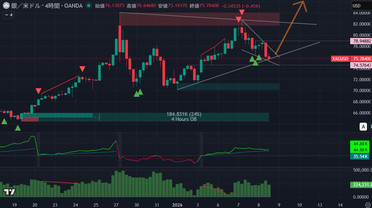 シルバー75ドル割れで買い。 これまで取り組んできた買いパターンにはまっている。 上値抵抗線を超えると追加できる。