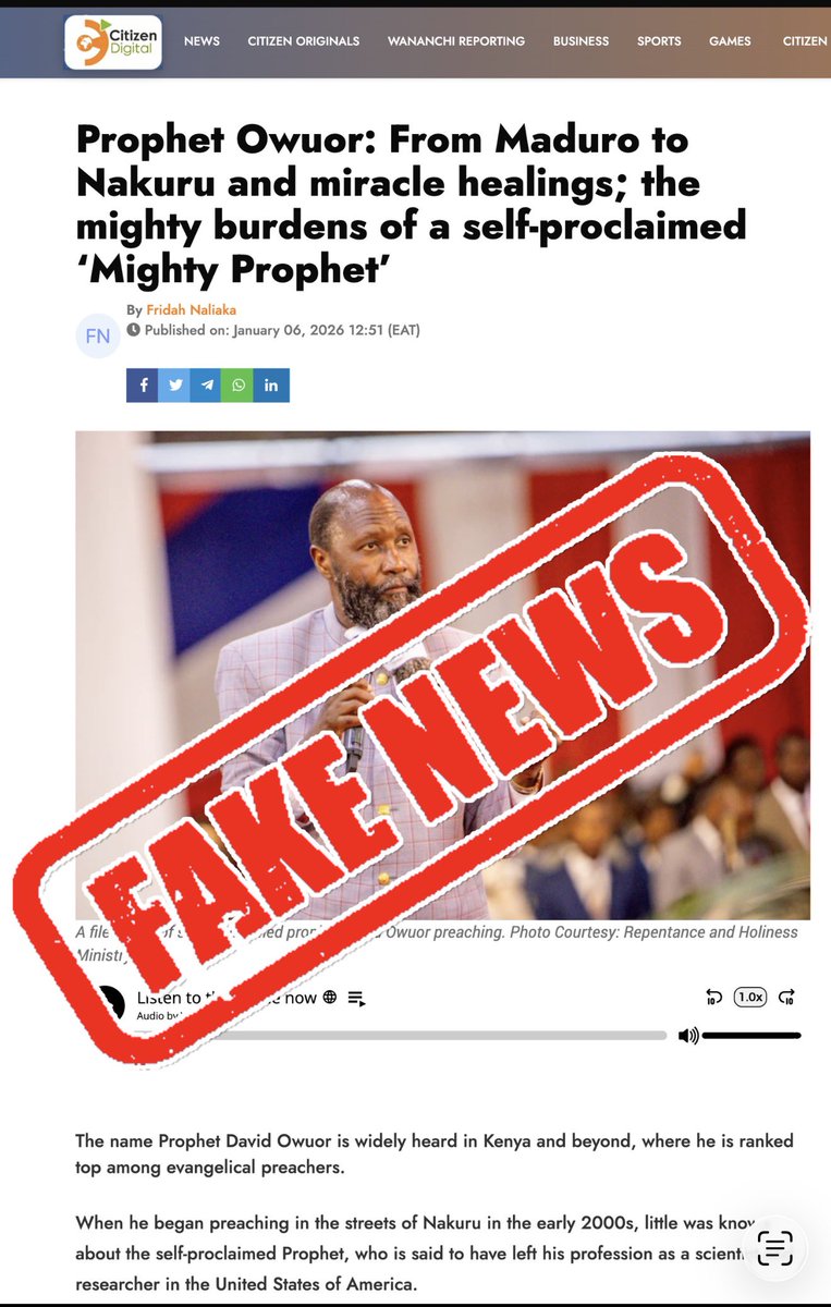 BennMungai's tweet photo. @citizentvkenya Citizen Stop seeking relevance with with fake News, everyone knows the prophecies of Prophet Of THE LORD are always super accurate and those prophecies are always in the public domain, posted on YouTube with time stamps

#citizendigitalfakenews https://t.co/AYwKfmhX6m