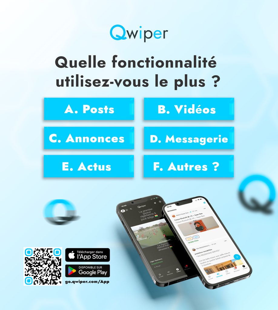 Vous utilisez Qwiper au quotidien…
mais dites-nous 👇
qu’est-ce que vous utilisez le plus ?

Posts, vidéos, annonces, messagerie, actus…
Votre avis compte et nous aide à améliorer l’application pour vous.

Répondez en commentaire avec la lettre correspondante 😉