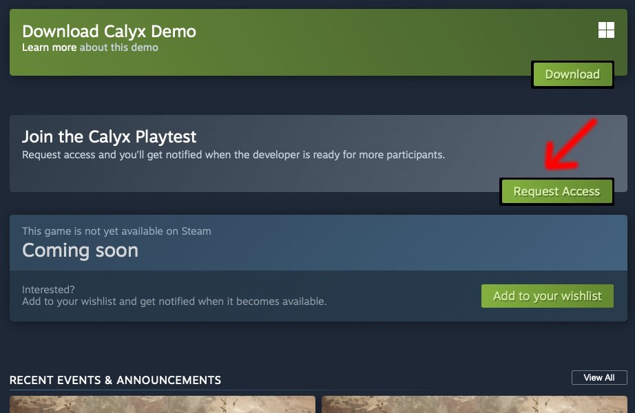 We're conducting a limited playtest for the Calyx campaign from Friday 9 Jan to Monday 12 Jan. You can go the Calyx Steam page now and hit the button in the image to request access. It's limited to 1000 places, so jump in quick if you'd like to play! 🙂🌱
store.steampowered.com/app/3211850/Ca…