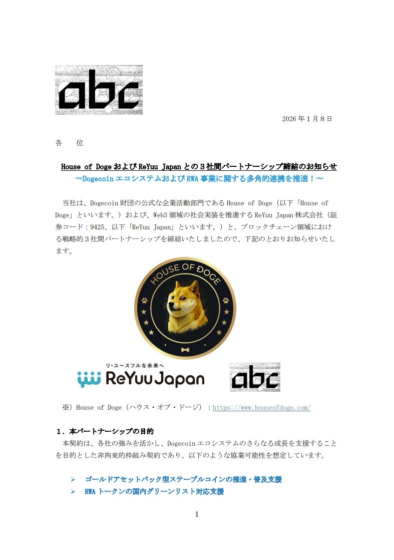 abc_trillion's tweet photo. 【abc：House of Doge・ReYuu Japanと3社間パートナーシップを締結】

当社は、Dogecoin財団の公式企業活動部門 House of Doge およびWeb3社会実装を推進する ReYuu Japan株式会社 と、ブロックチェーン領域における戦略的3社間パートナーシップを締結したことをお知らせいたします

【📌注目ポイント】
🔸ゴールドアセットバック型ステーブルコインの推進・普及を支援
🔸 RWAトークンの国内グリーンリスト対応を共同検討
🔸 Dogecoinエコシステムにおける共同ファンド設立を予定
🔸 ReYuu Japanと連携し、地方創生・地域通貨など社会実装を推進
🔸 当社はトークン設計・スマートコントラクト開発・規制対応を担当

🔗IR情報の詳細はこちら
https://t.co/z2Bfj5n384

【１．本パートナーシップの目的】

本契約は、各社の強みを活かし、Dogecoin エコシステムの成長を支援することを目的とした非拘束的な枠組み契約であり、以下の協業可能性を想定しています。

➢ ゴールドアセットバック型ステーブルコインの推進・普及支援
➢ RWA トークンの国内グリーンリスト対応支援
➢ Dogecoin エコシステム向け共同ファンドの検討
➢ 社会実装を通じた次世代 Web3 の民主化

【２．連携の背景】

Dogecoin は、ミーム文化の象徴として広く認知されてきましたが、近年は技術的成熟やコミュニティ拡大を背景に、決済手段や Web3 基盤通貨としても注目を集めています。

Dogecoin 財団の公式企業部門である House of Doge は、国際的な開発者・支援者により構成され、世界中の Dogecoin ホルダーに支えられる持続可能なエコシステムの中核として信頼性を高めてきました。

今後の日本展開を見据え、トークン設計や RWA 活用、ユースケース開発を担うパートナーとして、当社および ReYuu Japan との連携に至っています。

【３．各社の役割】

≪House of Doge≫ @houseofdoge 
Dogecoin 財団の公式企業部門として、Dogecoin（$DOGE）を分散型グローバル通貨として普及させることを使命とし、実用化に向けたインフラ投資やシステム構築を推進します。

≪ReYuu Japan 株式会社≫
ファンエンゲージメント、地域通貨連携、地方創生プロジェクトなどを通じ、Dogecoinのリアルユースケースにおける社会実装を推進します。

≪abc 株式会社≫
Dogecoin エコシステムおよび RWA 領域におけるトークン設計、スマートコントラクト開発、規制対応支援などを技術・制度両面から包括的に支援します。

※当社グループが支援・保有する暗号資産
「GYAN BLUE（$NYAN）」「WOWBIT（WWB）」

【４．今後について】

当社は本パートナーシップを通じ、Dogecoin エコシステムの成長を支援するとともに、関連ユースケースの社会実装に向けた協業を段階的に具体化してまいります。

各社の役割については、協業の進捗に応じて随時協議していく予定です。

🔗IR情報の詳細はこちら
https://t.co/z2Bfj5n384