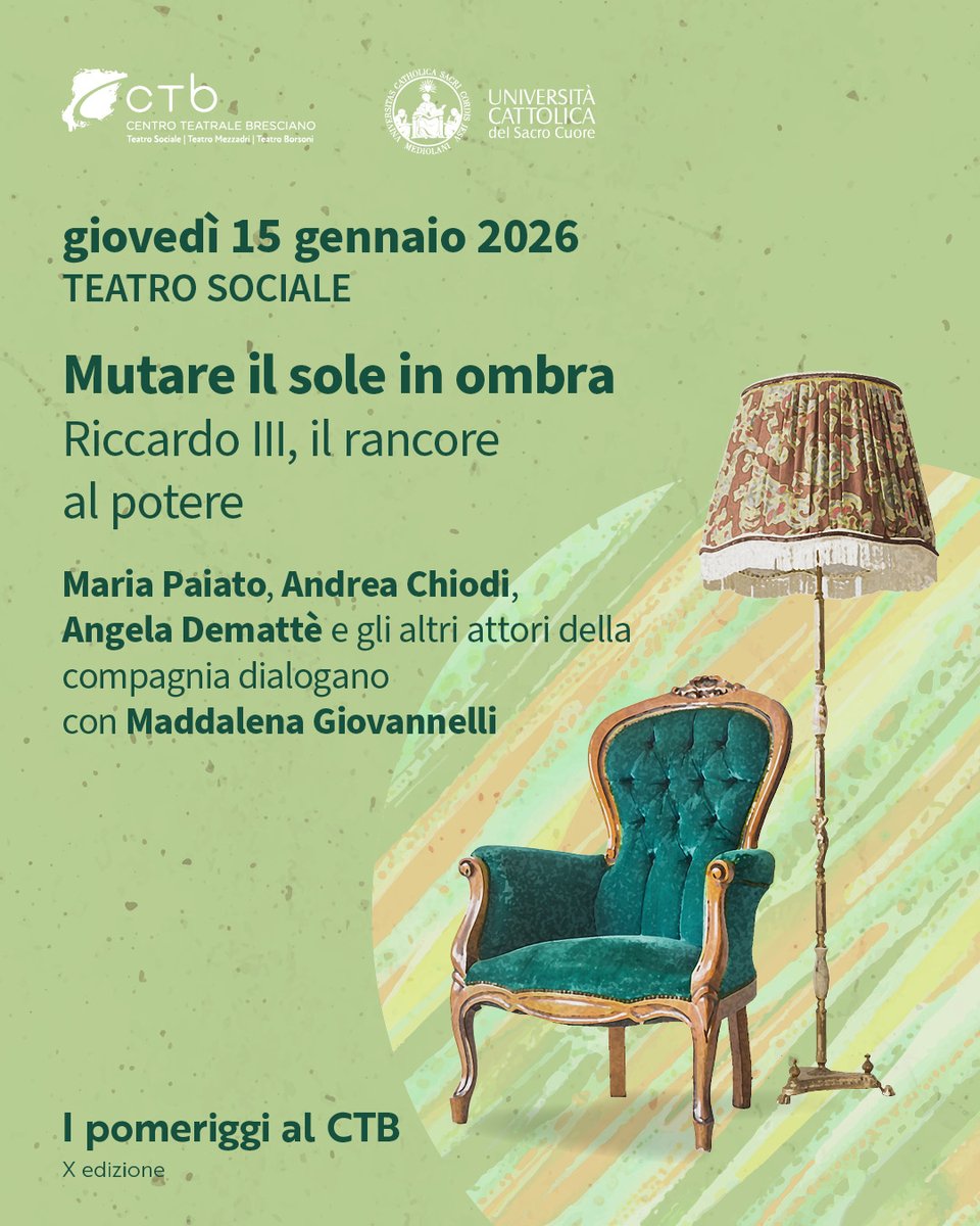𝙄 𝙥𝙤𝙢𝙚𝙧𝙞𝙜𝙜𝙞 𝙖𝙡 𝘾𝙏𝘽 - 𝙓 𝙚𝙙𝙞𝙯𝙞𝙤𝙣𝙚 oggi pomeriggio con il regista 𝗔.𝗖𝗵𝗶𝗼𝗱𝗶, la drammaturga 𝗔.𝗗𝗲𝗺𝗮𝘁𝘁è, 𝗠.𝗣𝗮𝗶𝗮𝘁𝗼 e gli altri protagonisti dello spettacolo.
𝙍𝙞𝙘𝙘𝙖𝙧𝙙𝙤 𝙄𝙄𝙄 in scena al Teatro Sociale dal 13-18 gennaio 2026