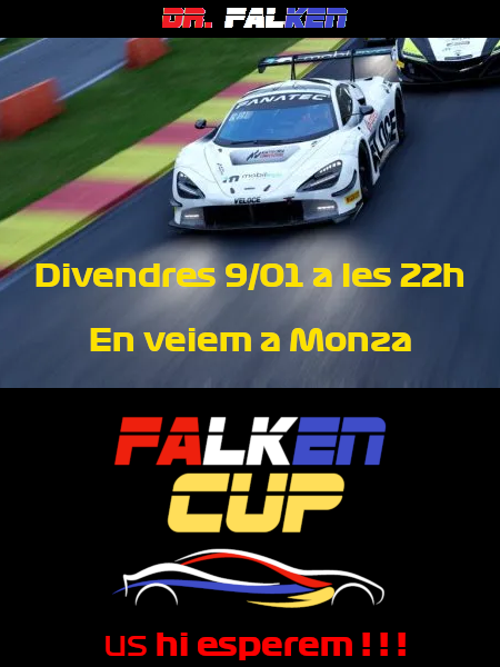 DrFalken1976's tweet photo. Divendres torna la #FalkenCUP a les 22h, 
ens toca Monza!  

Passeu a donar un cop d'ull! us hi esperem! https://t.co/bLLHiqZlSZ 

+ Inscripcions  a  https://t.co/ErXn58qyWg 
+ Dades a https://t.co/x70rYtdecT https://t.co/FswqDX4C2F