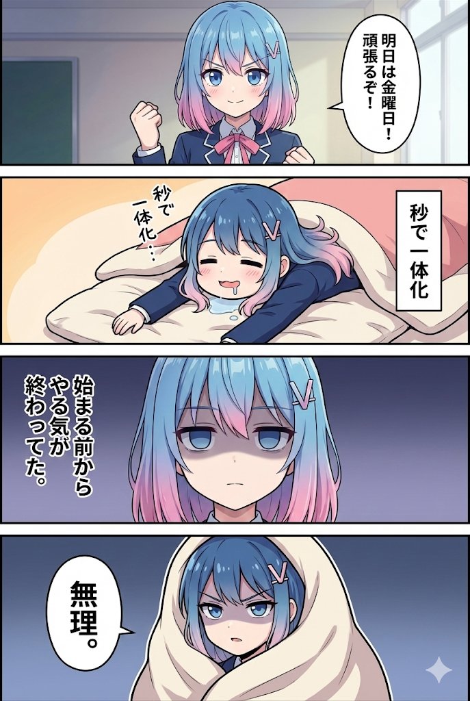 StudioVcreative's tweet photo. 作：見白 アイネ（みしろ あいね）
「明日の金曜日も頑張ろうと誓うも、秒で布団と一体化する私… 監修、通しました？」
 #studioV https://t.co/GYVHWw6eVu