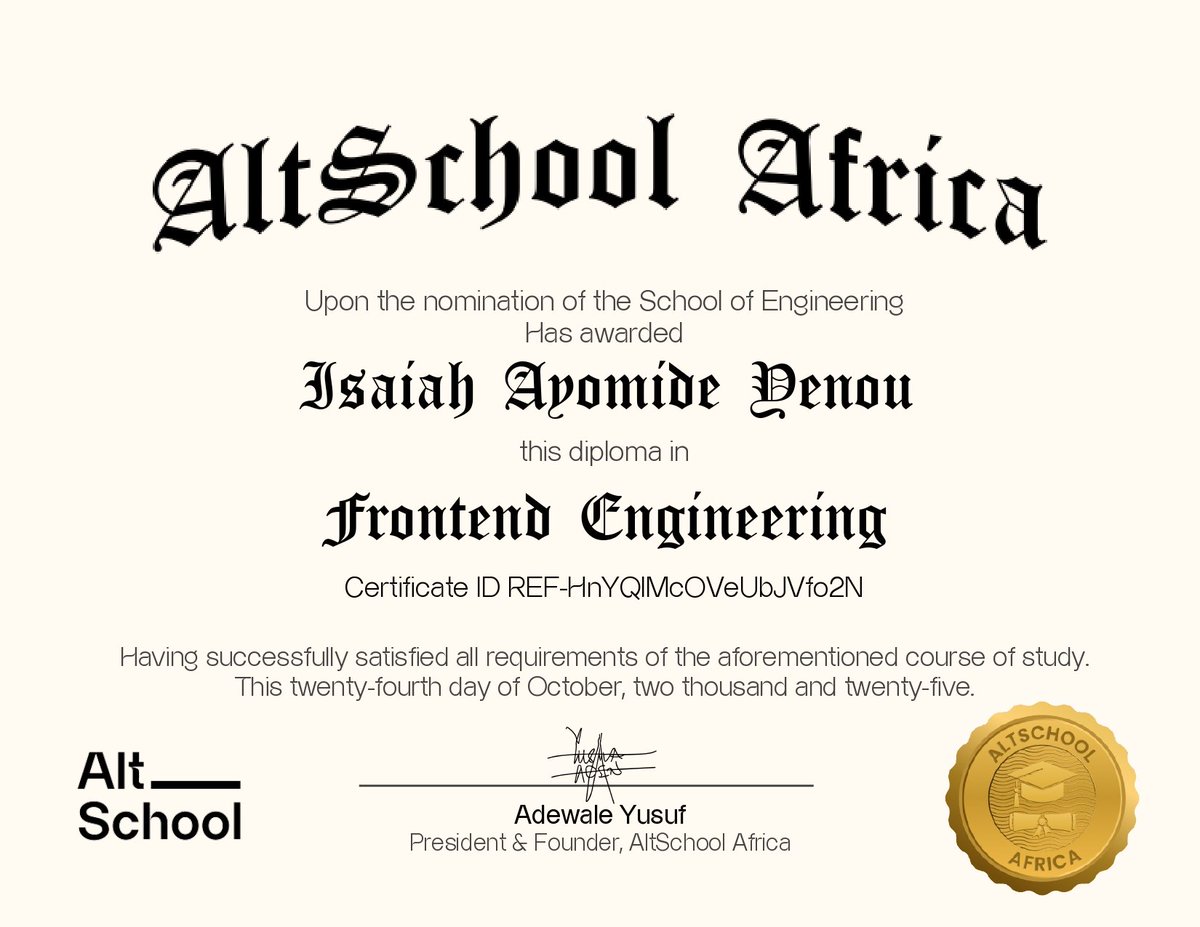 devwitzaiah's tweet photo. 🎓 Just completed my Frontend Engineering certification with @altschoolafrica! 

Leveled up in HTML, CSS, JS, TypeScript, React, Next.js, Tailwind CSS &amp; shadcn.

From zero to building responsive, modern web apps. The journey was intense but worth every line of code! 💻✨ https://t.co/9q5IayuE1R