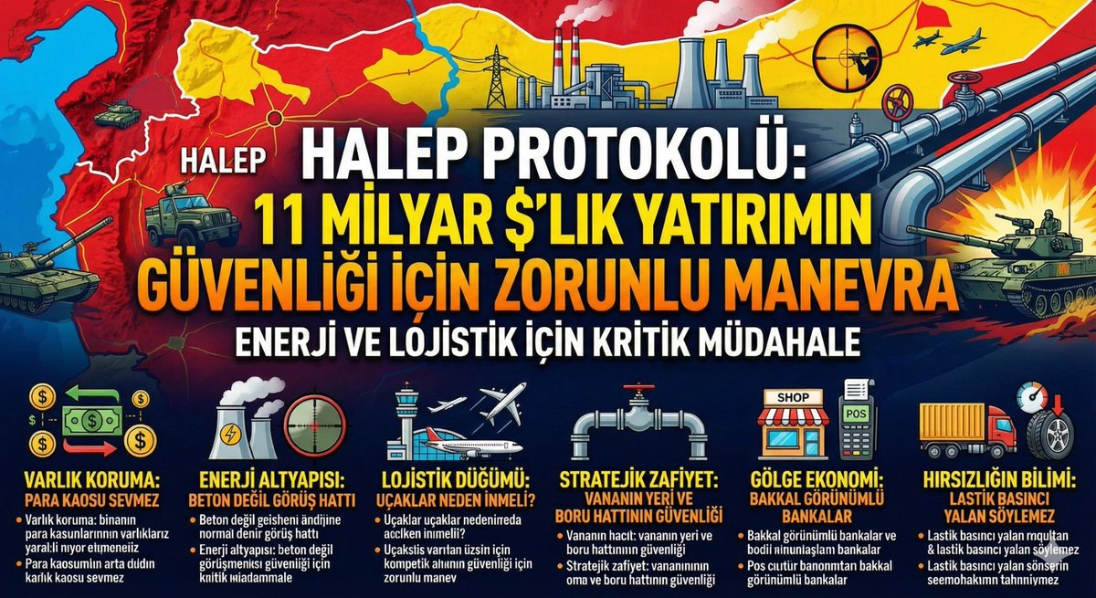 🇸🇾Halep’te şu an gördükleriniz askeri bir operasyon değil, 11 milyar dolarlık bir "Varlık Koruma" protokolüdür.

💰Halep'in kaderini generaller değil; Kalyon, Cengiz ve Katarlı ortakların kurduğu 7 milyar dolarlık o dev santralin "sigorta şartları" belirliyor.

💸Halep