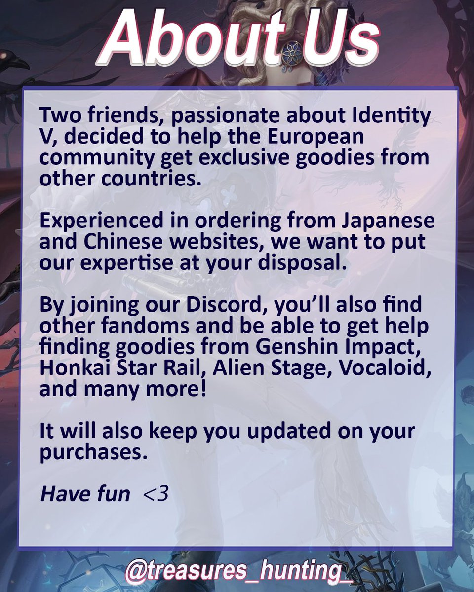 TreasuresHuntGo's tweet photo. Hello and welcome to Treasures Hunting! We are two friends eager to help communities order and find the goodies of their dreams!

Please check out our posts and join us to discord!

https://t.co/ff20yltyFN

#IdentityV #linkclick #vocaloid #HoYoverse https://t.co/5t7qHaM4Cj