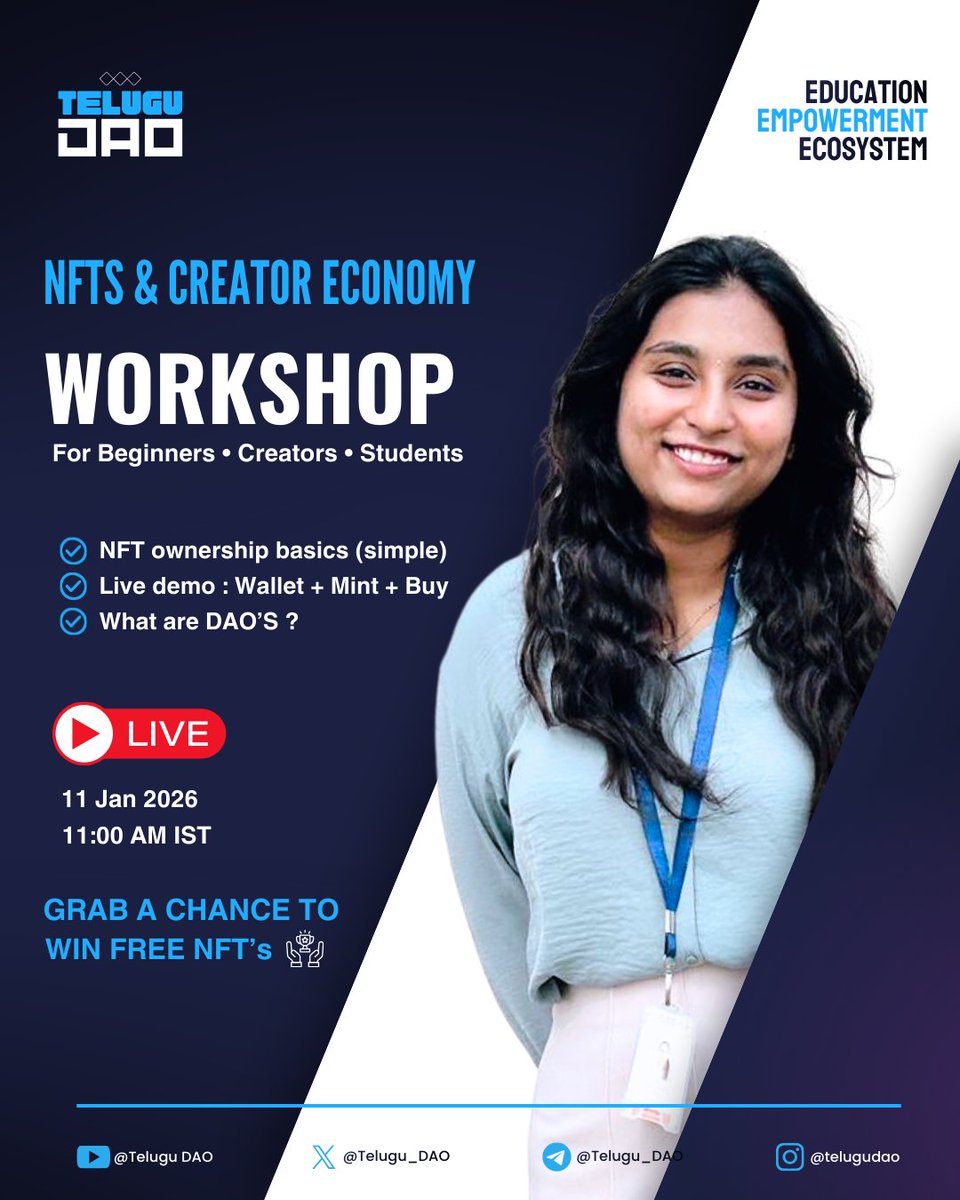 🚨 LIVE Workshop 

NFTs &amp; Creator Economy — in simple Telugu + English
No hype. Only clarity.

✅ NFT ownership basics
✅ Live demo: Wallet → Mint → Buy/Sell
✅ DAOs 101 (community ownership)

🎁 Free Attendee NFT Badge (check-in)
🗓️ 11 Jan • 11:00 AM IST