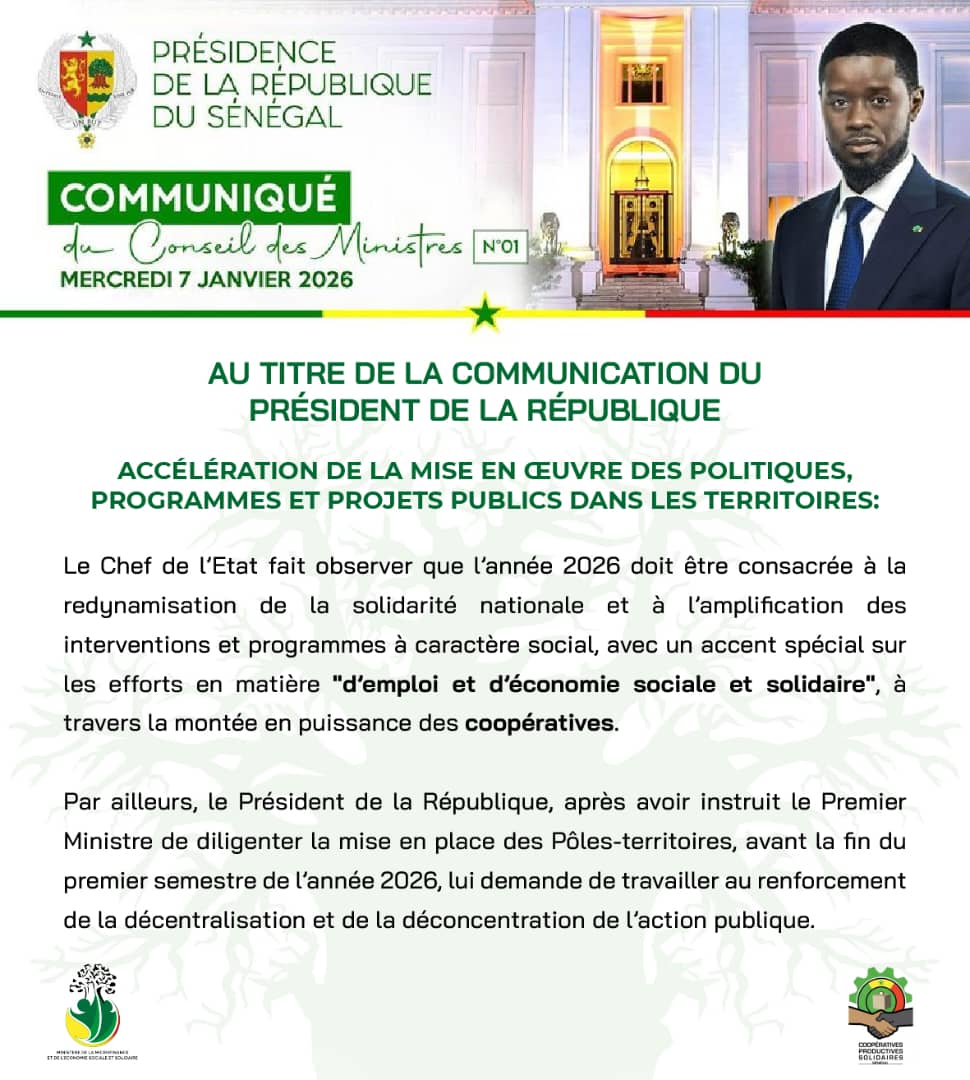 𝐂𝐎𝐌𝐌𝐔𝐍𝐈𝐐𝐔𝐄́ 𝐝𝐮 𝐂𝐨𝐧𝐬𝐞𝐢𝐥 𝐝𝐞𝐬 𝐌𝐢𝐧𝐢𝐬𝐭𝐫𝐞𝐬 𝐍°𝟎𝟏 𝐌𝐄𝐑𝐂𝐑𝐄𝐃𝐈 𝟕 𝐉𝐀𝐍𝐕𝐈𝐄𝐑 𝟐𝟎𝟐𝟔

𝐀𝐔 𝐓𝐈𝐓𝐑𝐄 𝐃𝐄 𝐋𝐀 𝐂𝐎𝐌𝐌𝐔𝐍𝐈𝐂𝐀𝐓𝐈𝐎𝐍 𝐃𝐔 𝐏𝐑𝐄́𝐒𝐈𝐃𝐄𝐍𝐓 𝐃𝐄 𝐋𝐀 𝐑𝐄́𝐏𝐔𝐁𝐋𝐈𝐐𝐔𝐄

𝐀𝐂𝐂𝐄́𝐋𝐄́𝐑𝐀𝐓𝐈𝐎𝐍 𝐃𝐄 𝐋𝐀 𝐌𝐈𝐒𝐄