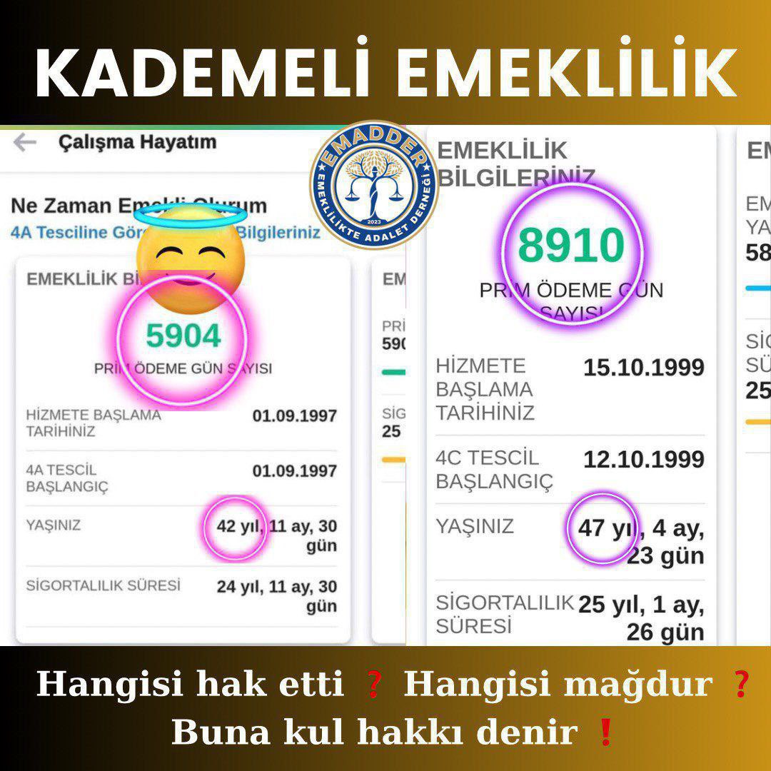 <a href="/suatkilic/">Suat KILIÇ</a> <a href="/EmadDernegi/">EMEKLİLİKTE ADALET DERNEĞİ ⚖️</a> #Niye Bir kuşak yıllarca çalıştı, üretti, prim ödedi.
Karşılığında belirsizlik ve bekleyişle karşı karşıya kaldı.
Bu tablo kademeli emeklilikle değişmelidir.
<a href="/EmadDernegi/">EMEKLİLİKTE ADALET DERNEĞİ ⚖️</a>
#VicdanınSesiKademe
<a href="/suatkilic/">Suat KILIÇ</a>