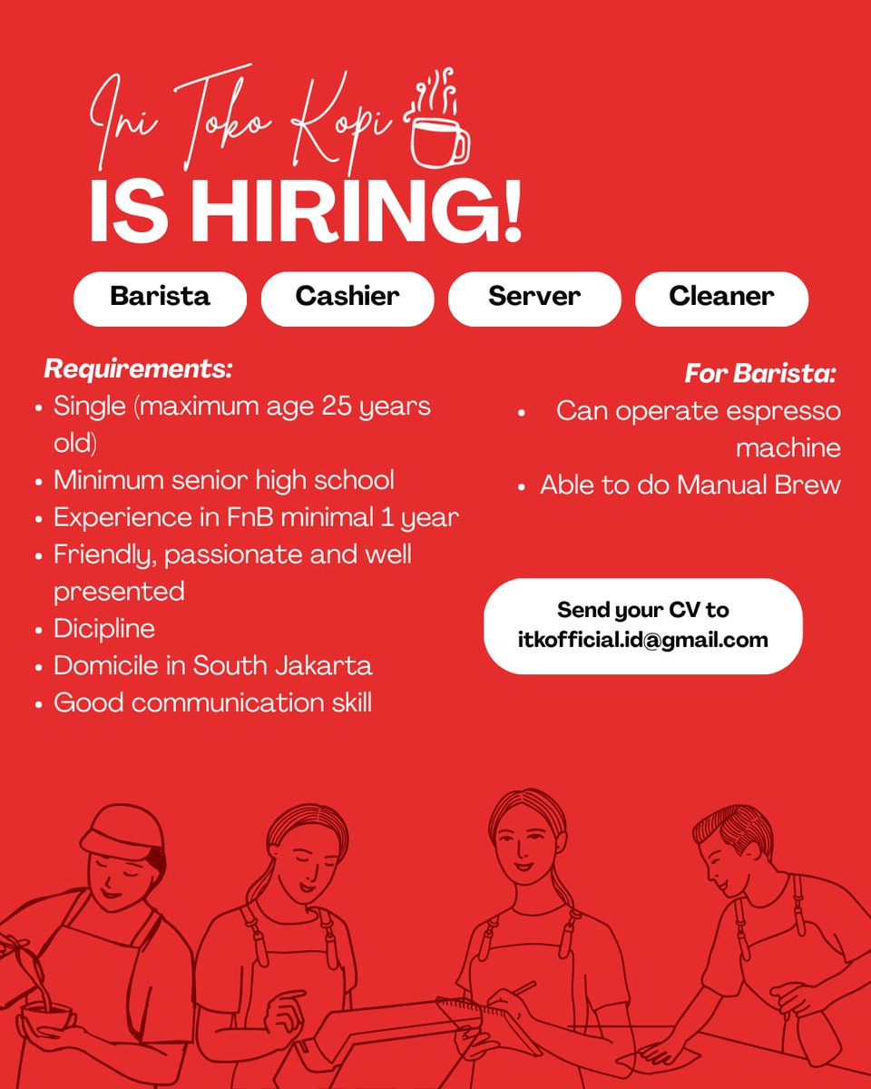 hai semuanya, saat ini butuh barista, cahier, server dan cleaner untuk brand ini toko kopi, yang berkenan boleh kirim cv yaaa ke email tersebut, diutamakan yang tinggal di daerah jaksel mepet jakpus, thank you
