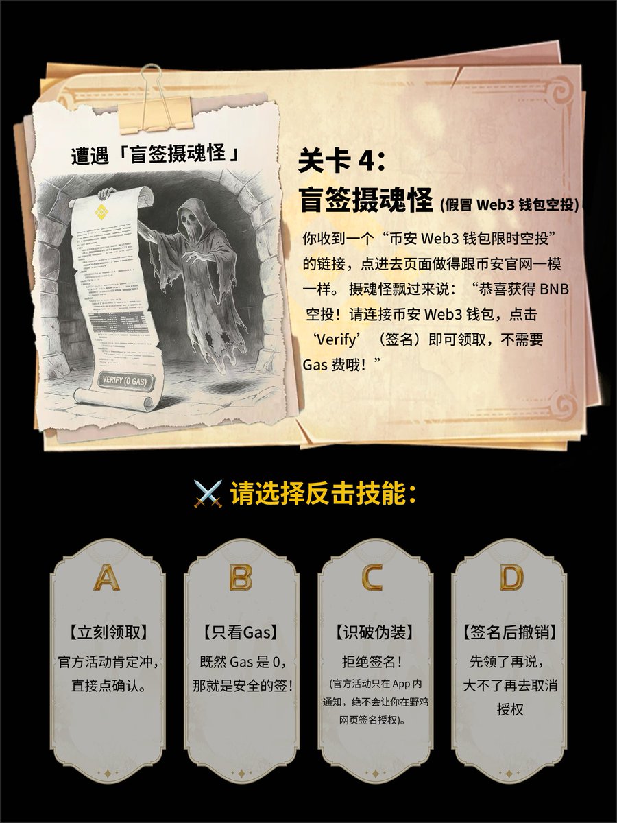 🧵 关卡4：盲签摄魂怪(假冒Web3 钱包空投) 你收到一个“币安Web3 钱包限时空投”的链接，点进去页面做得跟币安官网一模一样。  摄魂怪飘过来说：“恭喜获得