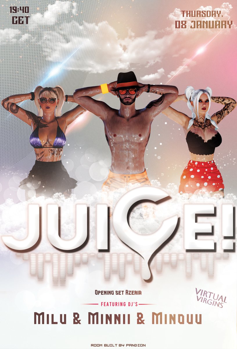 📢 Happy JuiCe! day 🧃

Enjoy powerful tunes from fantastic live DJs, meet like-minded people, celebrate the return of the Virtual Virgins, dive into the pulsating club atmosphere, and enjoy the juicy vibes 🖤🤍💛

Flirt, laugh, chat, &amp; dance like there's no tomorrow 💃🕺 

We