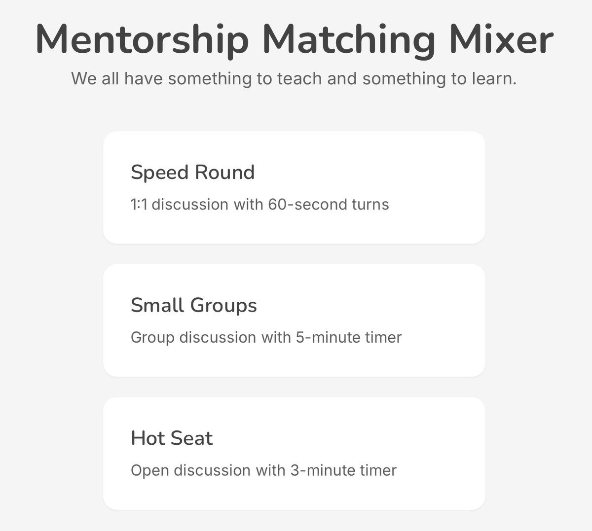 p2pmentor's tweet photo. This week, we hosted an IRL mentorship matching mixer with the same thesis as p2pmentor: we all have something to teach and something to learn. 

We created a simple app with prompts and timers to facilitate the mixer, find the open source repo below! https://t.co/cJpLuvE2D7