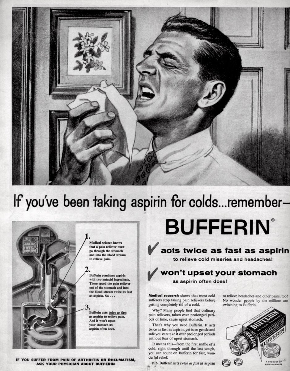 LRonLacy's tweet photo. BUFFERIN
√ acts twice as fast as aspirin …
√ won’t upset your stomach ….’
Bufferin - a product of Bristol-Myers. January 1957.
#illustration #illustrationart #graphicdesign #Bufferin #BristolMyers https://t.co/gDn2igNH2N