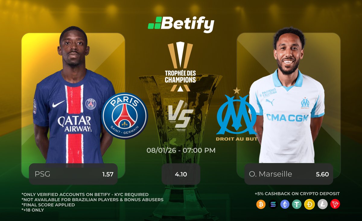 Betify's tweet photo. TROPHEEE DES CHAMPIONS 🏆

PSG - O. Marseille

Predict first player scorer + final score for a chance to win a 🎁

💚 + RT ♻️ + 🔔 Follow @Betify
⚠��� 1 guess per account
No Betify🆔 = No participation
3 winners 🔥

🔗 https://t.co/FRyIxawxGk https://t.co/owY4Kwv3hZ